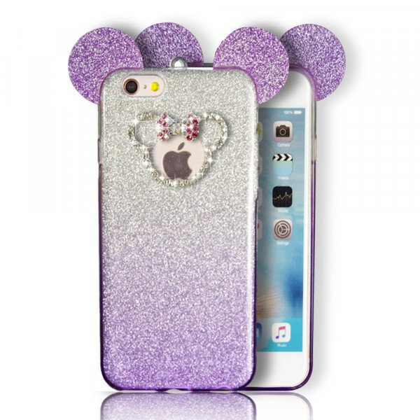 Wholesale iPhone 7 Plus Minnie Bow Diamond Glitter Necklace Strap Case (Purple)